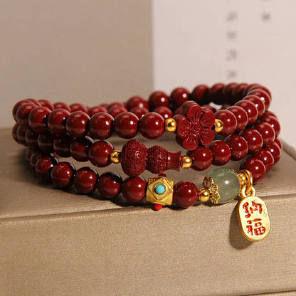 Pulsera de bendición de triple vuelta con calabaza, flor y personaje fu de cinabrio y piedras de Buda