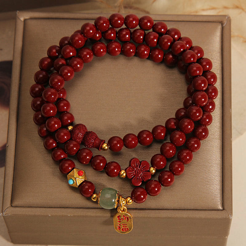 Pulsera de bendición de triple vuelta con calabaza, flor y personaje fu de cinabrio y piedras de Buda