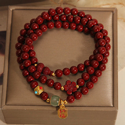 Pulsera de bendición de triple vuelta con calabaza, flor y personaje fu de cinabrio y piedras de Buda