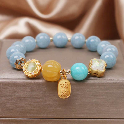 Pulsera de protección de la riqueza con piedras de Buda, aguamarina, calabaza y perla 