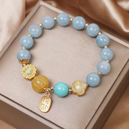 Pulsera de protección de la riqueza con piedras de Buda, aguamarina, calabaza y perla 