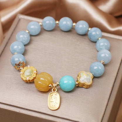 Pulsera de protección de la riqueza con piedras de Buda, aguamarina, calabaza y perla 