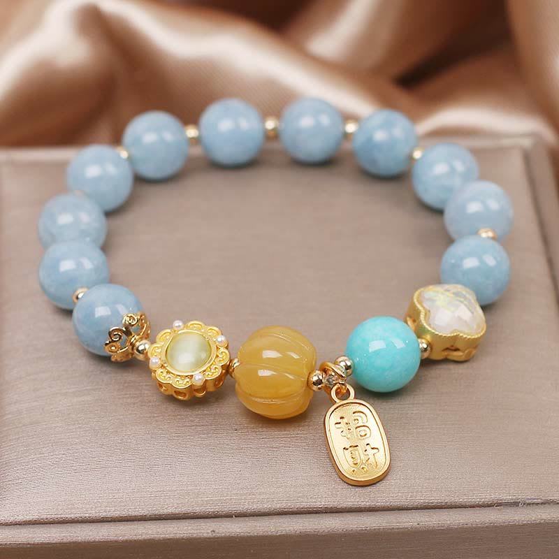 Pulsera de protección de la riqueza con piedras de Buda, aguamarina, calabaza y perla 
