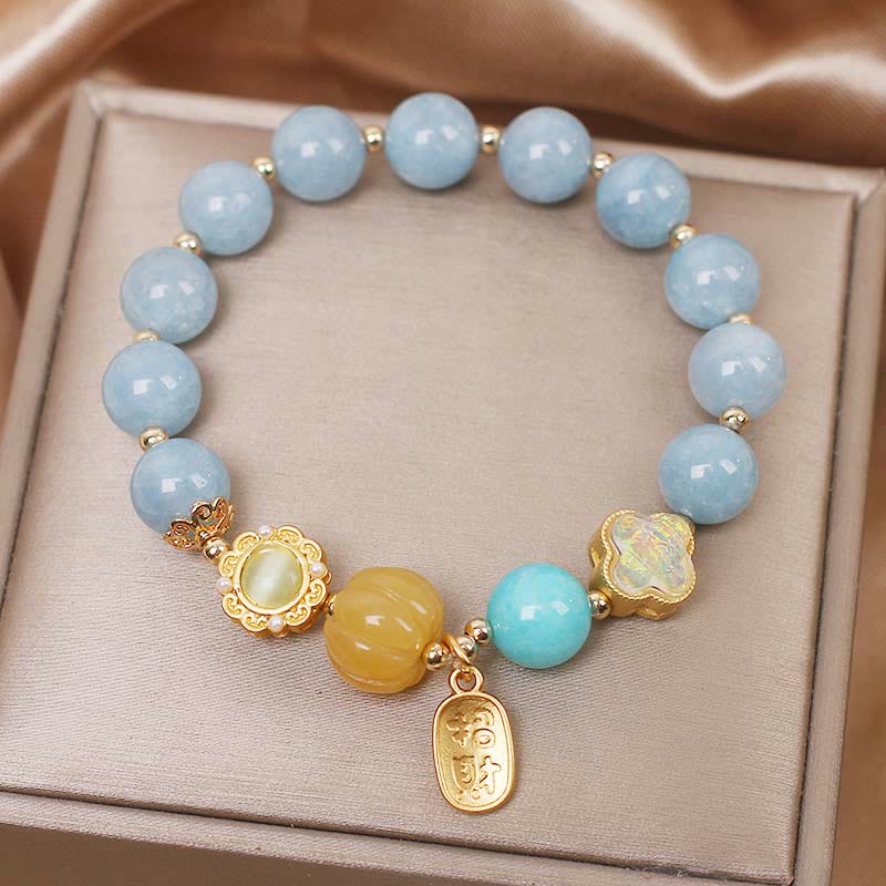 Pulsera de protección de la riqueza con piedras de Buda, aguamarina, calabaza y perla 