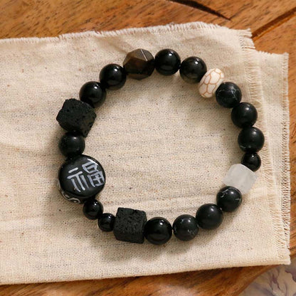 Pulsera con piedras de Buda, ónix negro, cerámica, ágata, piedra negra brillante, personaje de la fortuna Fu 