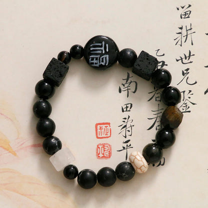 Pulsera con piedras de Buda, ónix negro, cerámica, ágata, piedra negra brillante, personaje de la fortuna Fu 