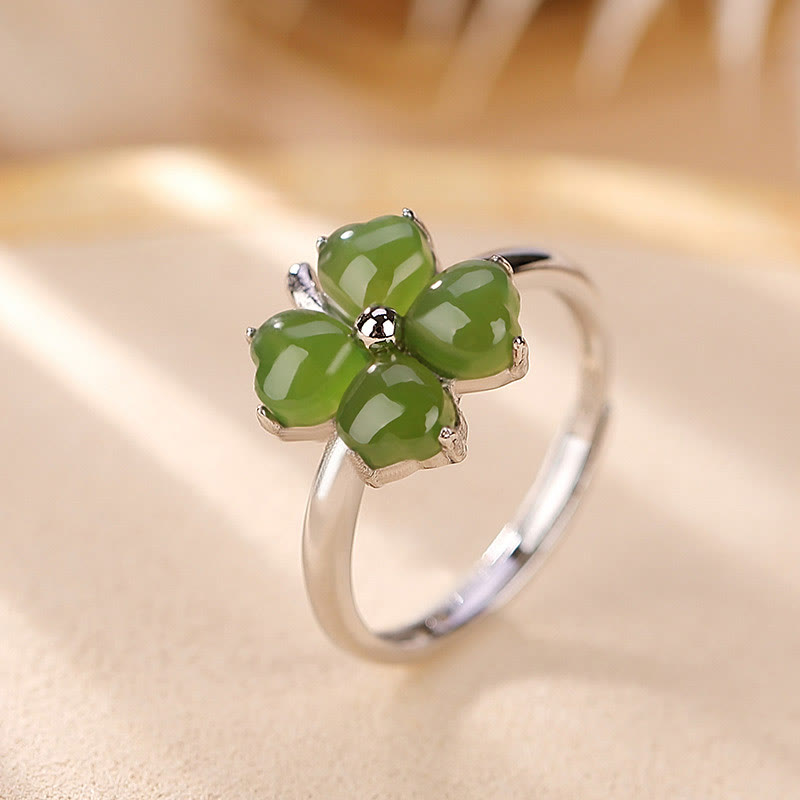 Buddha Stones 925 Sterling Silver Plated Gold Clover Hetian Cyan Jade Abundance Adjustable Ring - Touch Bling