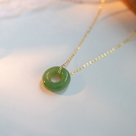 Buddha Stones Halskette mit Anhänger aus 925er Sterlingsilber, vergoldet, Hetian-Jade, Peace-Schnalle