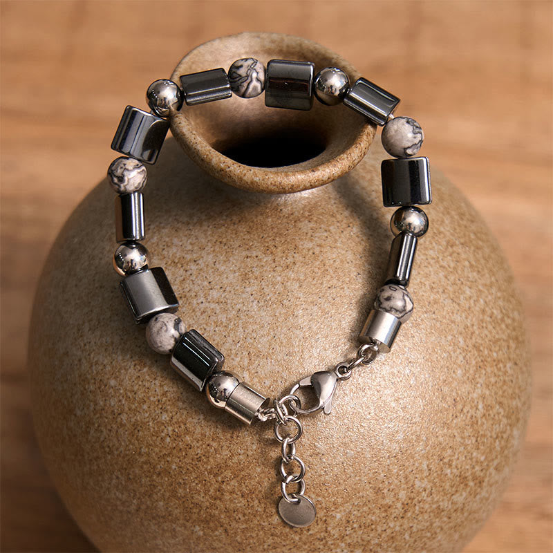 Pulsera de cadena con hebilla de soporte de jaspe Picasso, hematita, ojo de tigre y piedras de Buda 