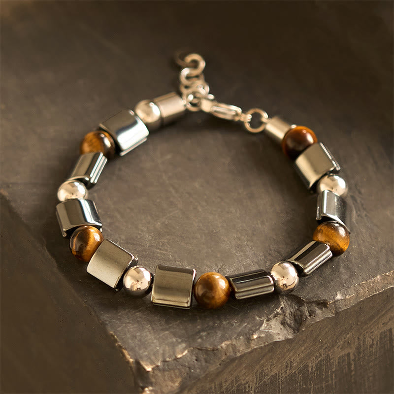 Pulsera de cadena con hebilla de soporte de jaspe Picasso, hematita, ojo de tigre y piedras de Buda 
