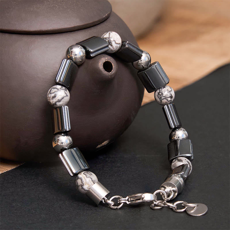 Pulsera de cadena con hebilla de soporte de jaspe Picasso, hematita, ojo de tigre y piedras de Buda 