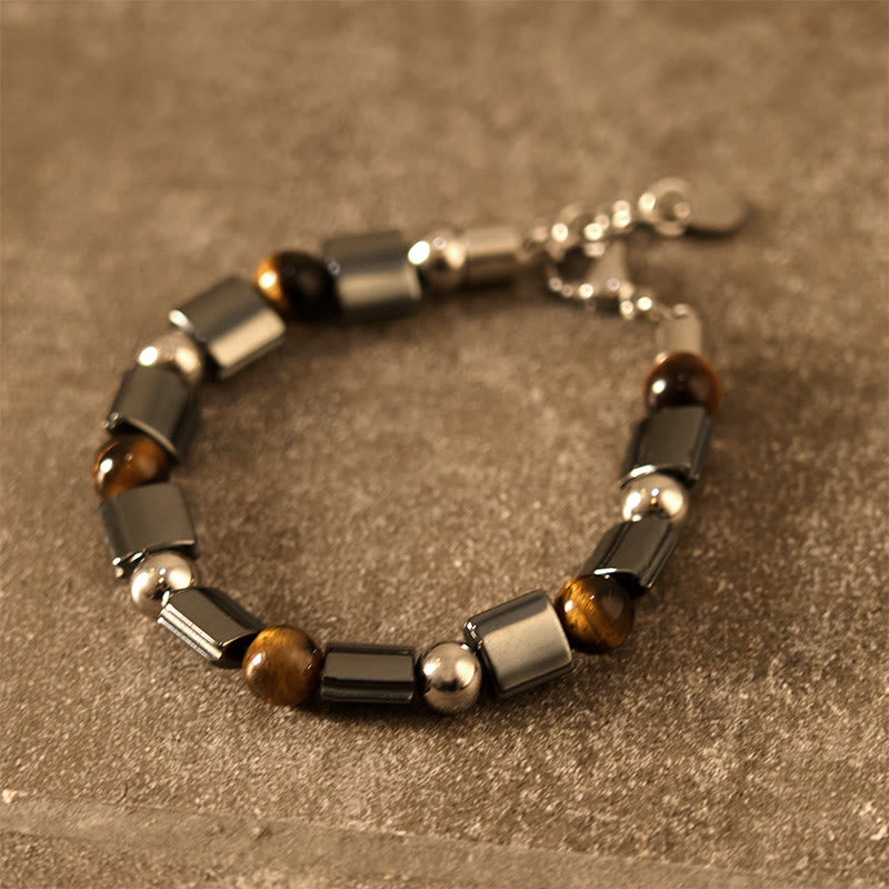 Pulsera de cadena con hebilla de soporte de jaspe Picasso, hematita, ojo de tigre y piedras de Buda 