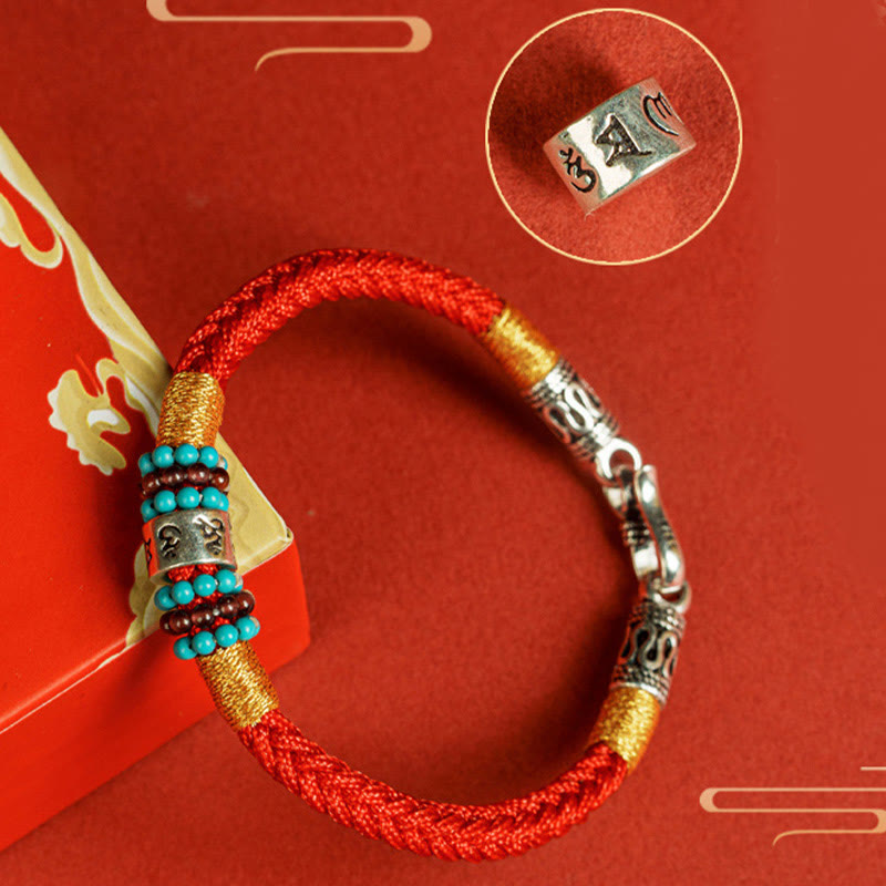 Pulsera de plata de ley 925 con seis palabras auténticas, hilo rojo y negro, piedras de Buda 