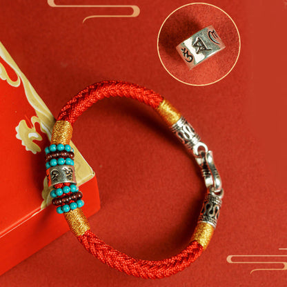 Pulsera de plata de ley 925 con seis palabras auténticas, hilo rojo y negro, piedras de Buda 