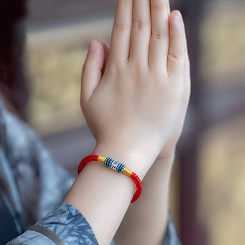 Pulsera de plata de ley 925 con seis palabras auténticas, hilo rojo y negro, piedras de Buda 