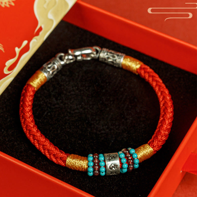 Pulsera de plata de ley 925 con seis palabras auténticas, hilo rojo y negro, piedras de Buda 