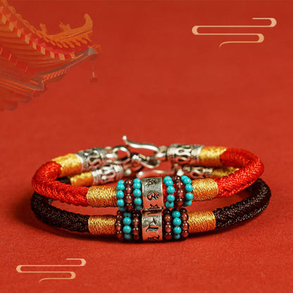 Pulsera de plata de ley 925 con seis palabras auténticas, hilo rojo y negro, piedras de Buda 