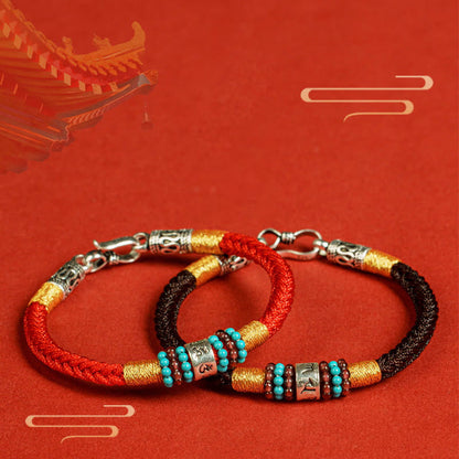 Pulsera de plata de ley 925 con seis palabras auténticas, hilo rojo y negro, piedras de Buda 