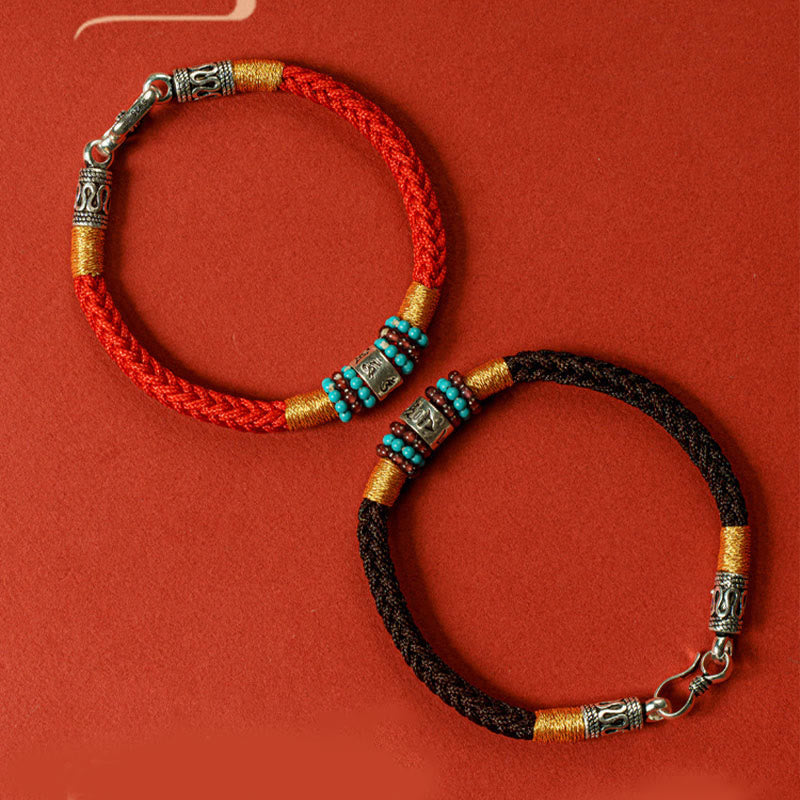 Pulsera de plata de ley 925 con seis palabras auténticas, hilo rojo y negro, piedras de Buda 