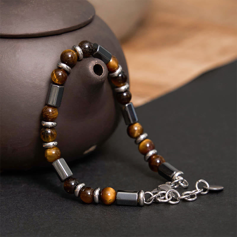 Pulsera de cadena con hebilla de hematita y ojo de tigre de Buddha Stones 