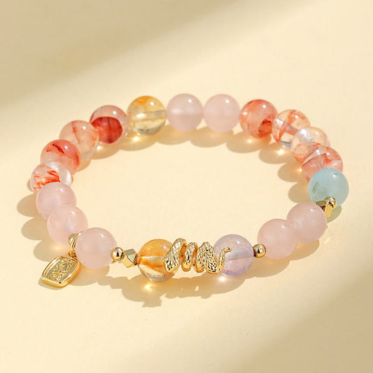 Buddha Stones Verschiedene Kristalle Rosa Kristall Amethyst Jahr der Schlange Glücksarmband 