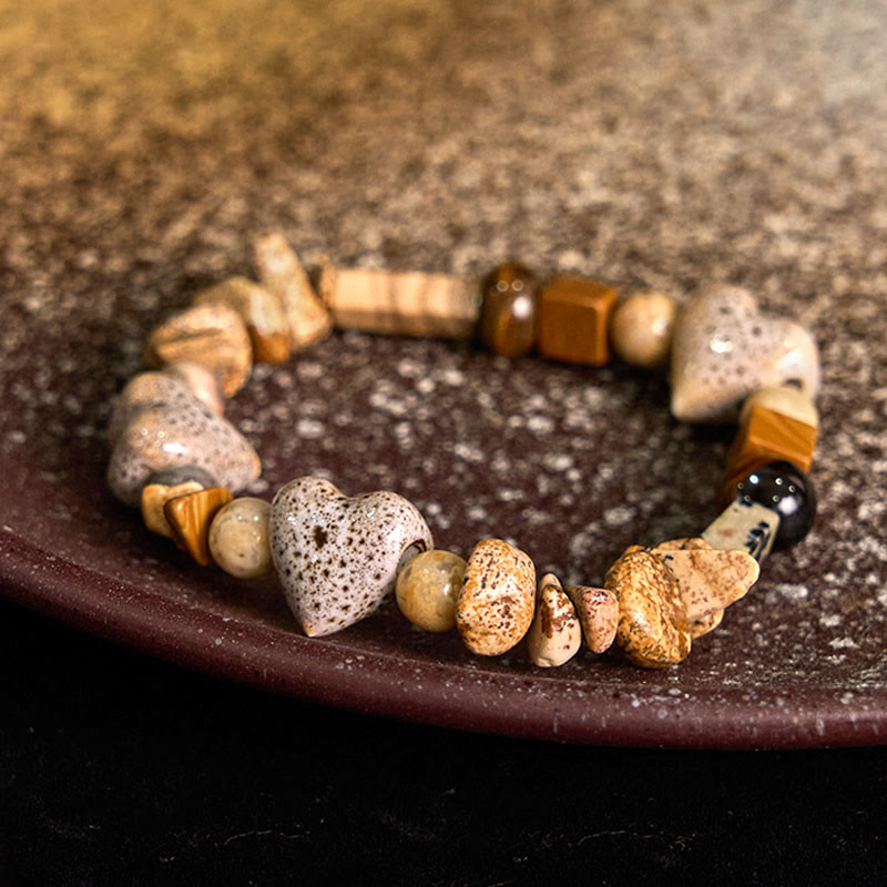 Buddha Stones Natural Dalmatian Jasper Stone Heart Shape Ceramics Bracelet - Touch Bling