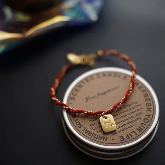 Buddha Stones Rote Schnur Vergoldetes Kupfer Glücks-Stärke-Armband 