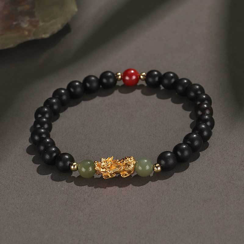 Buddha Stones 999 Sterling Silber Sandelholz Ebenholz Kleines Blatt Rotes Sandelholz Hetian Jade Zinnober PiXiu Reichtum Armband 