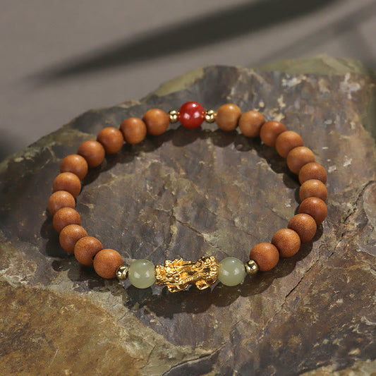 Buddha Stones 999 Sterling Silber Sandelholz Ebenholz Kleines Blatt Rotes Sandelholz Hetian Jade Zinnober PiXiu Reichtum Armband 