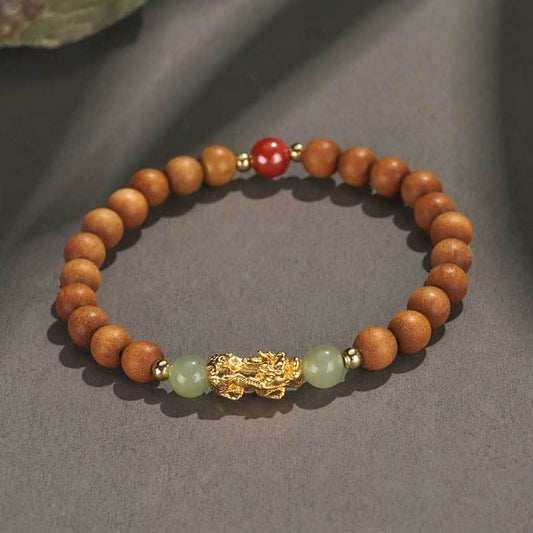Buddha Stones 999 Sterling Silber Sandelholz Ebenholz Kleines Blatt Rotes Sandelholz Hetian Jade Zinnober PiXiu Reichtum Armband 
