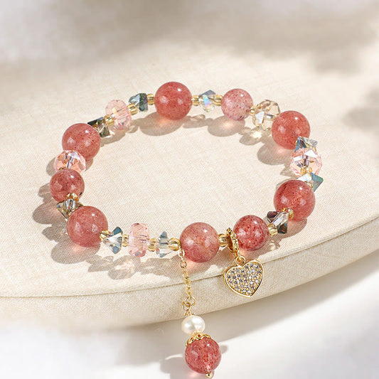 Buddha Stones Erdbeerquarz Weiße Kristallperle Liuli Herz Heilung Armband 