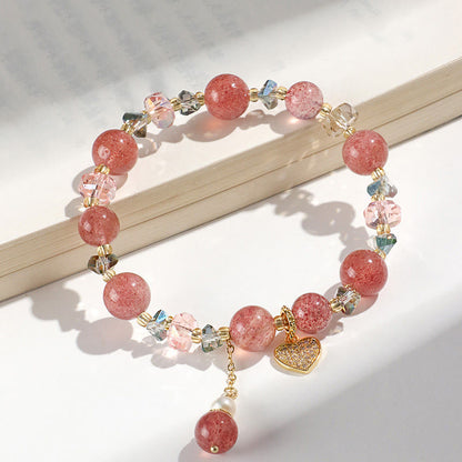 Buddha Stones Erdbeerquarz Weiße Kristallperle Liuli Herz Heilung Armband 
