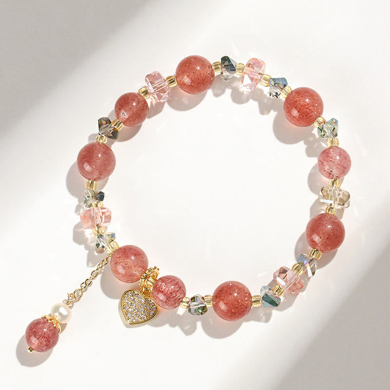 Buddha Stones Erdbeerquarz Weiße Kristallperle Liuli Herz Heilung Armband 