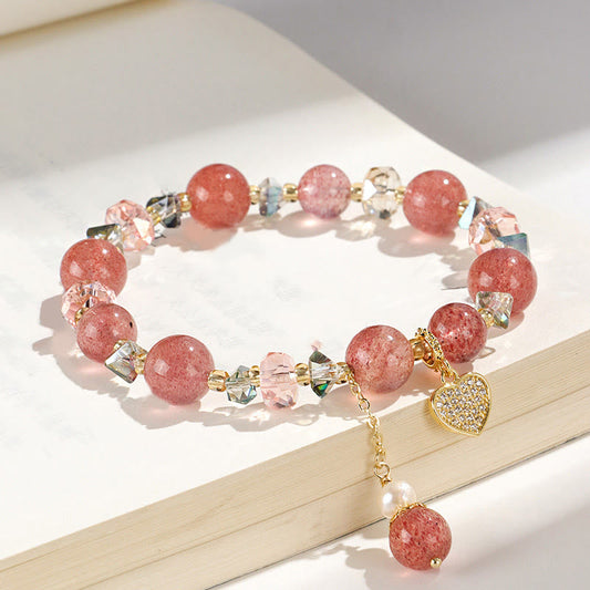 Buddha Stones Erdbeerquarz Weiße Kristallperle Liuli Herz Heilung Armband 