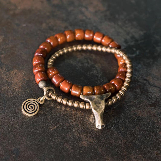 Buddha Stones Yak-Knochen Kupfer Yak-Kopf Kegel Anhänger Doppelt gewickelt Stärke Armband 