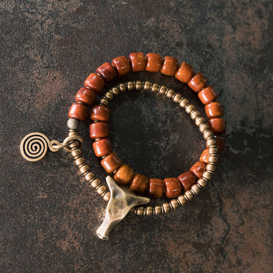 Buddha Stones Yak-Knochen Kupfer Yak-Kopf Kegel Anhänger Doppelt gewickelt Stärke Armband 