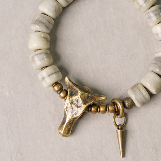Buddha-Steine, weißer Yak-Knochen, Kupfer, Yak-Kopf, Kegel-Anhänger, Balance-Armband 