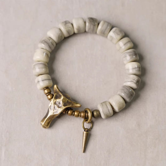 Buddha-Steine, weißer Yak-Knochen, Kupfer, Yak-Kopf, Kegel-Anhänger, Balance-Armband 