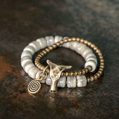 Buddha Stones Weißer Yakknochen Kupfer Yakkopf Doppelwickel-Balancearmband 