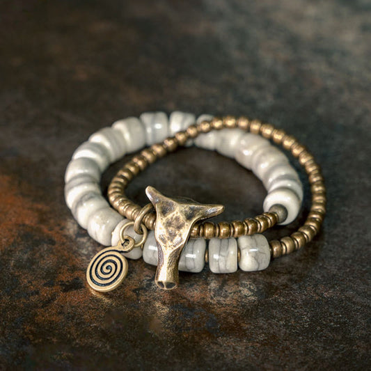 Buddha Stones Weißer Yakknochen Kupfer Yakkopf Doppelwickel-Balancearmband 