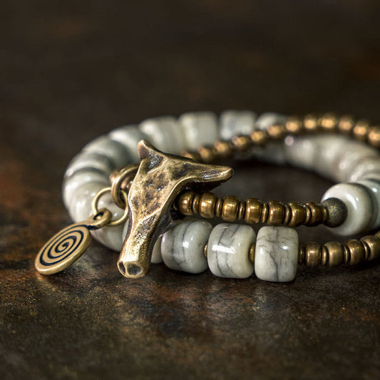 Buddha Stones Weißer Yakknochen Kupfer Yakkopf Doppelwickel-Balancearmband 