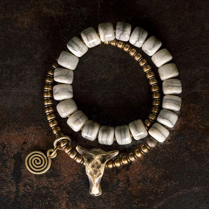 Buddha Stones Weißer Yakknochen Kupfer Yakkopf Doppelwickel-Balancearmband 