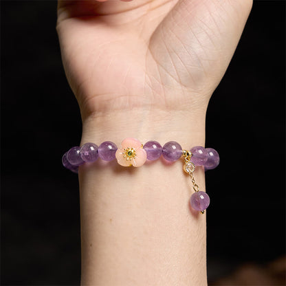 Pulsera de meditación de la fortuna con amatista y flor de durazno de Buddha Stones