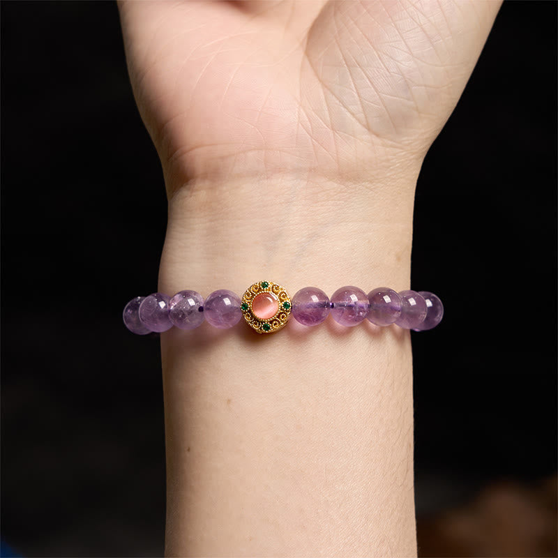 Pulsera de meditación de la fortuna con amatista y flor de durazno de Buddha Stones