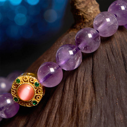 Pulsera de meditación de la fortuna con amatista y flor de durazno de Buddha Stones