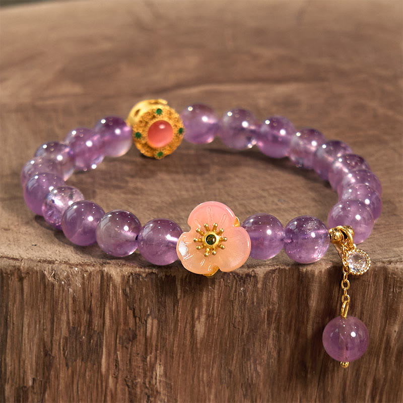 Pulsera de meditación de la fortuna con amatista y flor de durazno de Buddha Stones
