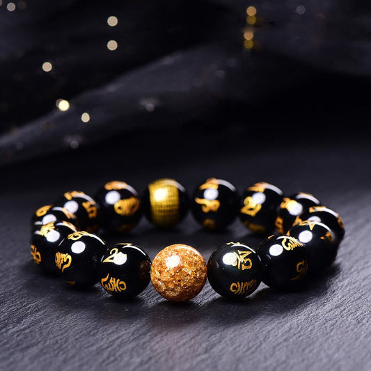 Buddha Stones Sechs wahre Worte Om Mani Padme Hum Regenbogen-Obsidian Goldfolie Kreativität Armband 