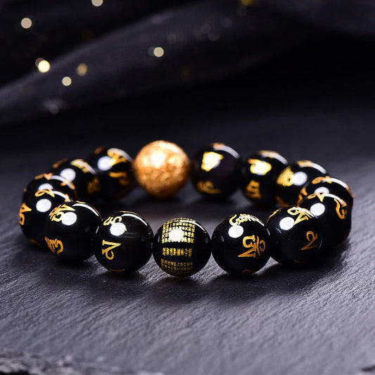 Buddha Stones Sechs wahre Worte Om Mani Padme Hum Regenbogen-Obsidian Goldfolie Kreativität Armband 