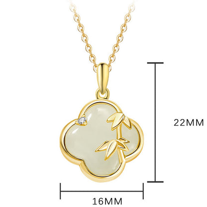 Buddha Stones Hetian Jade 925 Sterling Silver Four Leaf Clover Bamboo Growth Necklace Pendant
