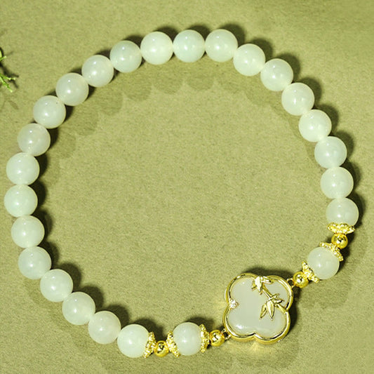 Buddha Stones Hetian Jade 925 Sterling Silber Vierblättriges Kleeblatt Bambus Glücksarmband 